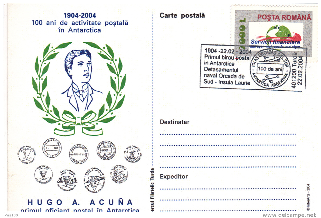 HUGO A. ACUNA, FIRST MAIL MAN IN ANTARCTICA, PC, POST CARD, 2004,ROMANIA - Eventi E Commemorazioni