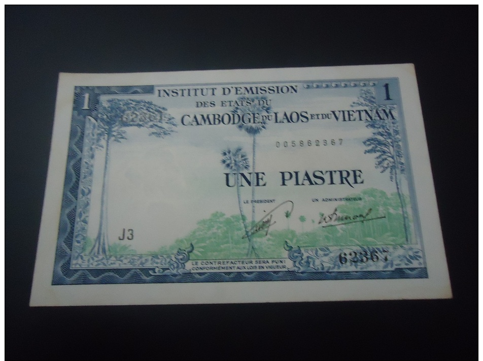 1954 FRENCH INDOCHINA ( LAOS ) &#8203;VERY RARE 1 PIASTRE - 1 KIP ( P 100 ) - AUNC - - Indochine