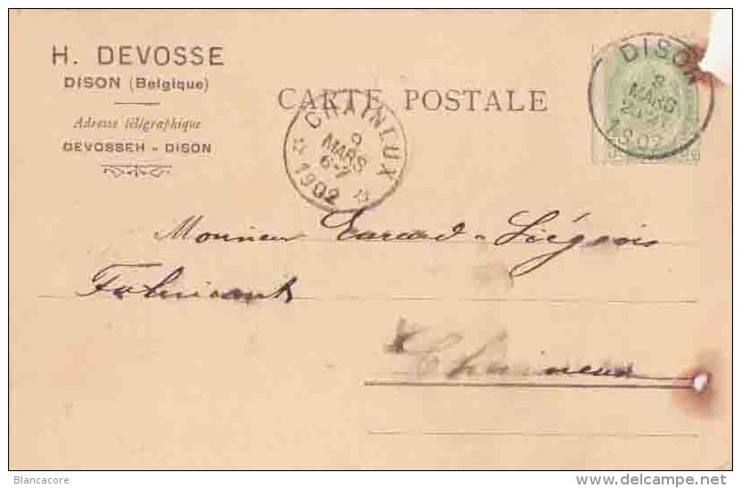 DISON DEVOSSE 1902 + Cachet Postal étoile De Chaineux - Dison