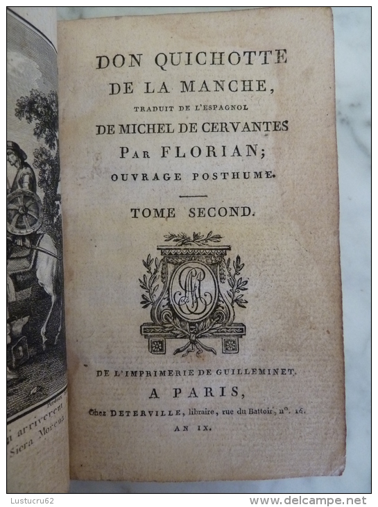 DON QUICHOTTE DE LA MANCHA  -FLORIAN - RARE  1er Traduction En Français - Chez Déterville - AN IX - Tome Second - 1701-1800