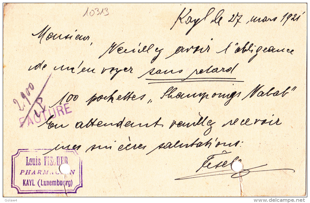 10313# LUXEMBOURG ENTIER CARTE POSTALE ARMOIRIES Obl KAYL 1921 PHARMACIE Pour MONTBELIARD DOUBS - Ganzsachen