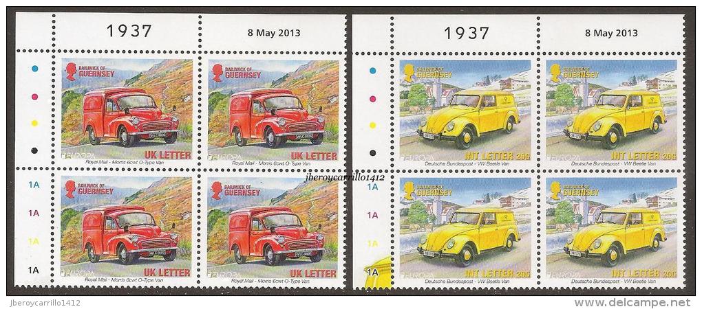 GUERNSEY - EUROPA 2013 -TEMA ANUAL "THE POSTMAN VAN". - SERIE De 2 V. En BLOCS De 4 Con LOGO EUROPA - CANTO De HOJA - 2013