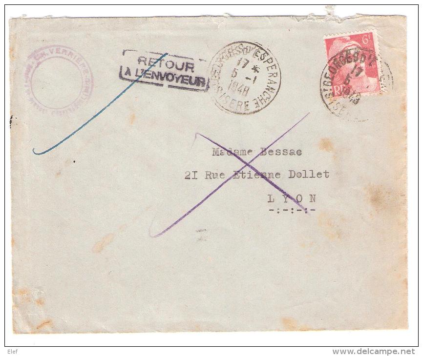 Lettre De St Georges D'Espéranche,Isère,1948 , Timbre GANDON 6 F, Griffe RETOUR A L'ENVOYEUR , INCONNU > Lyon, TB - 1945-54 Marianne Of Gandon