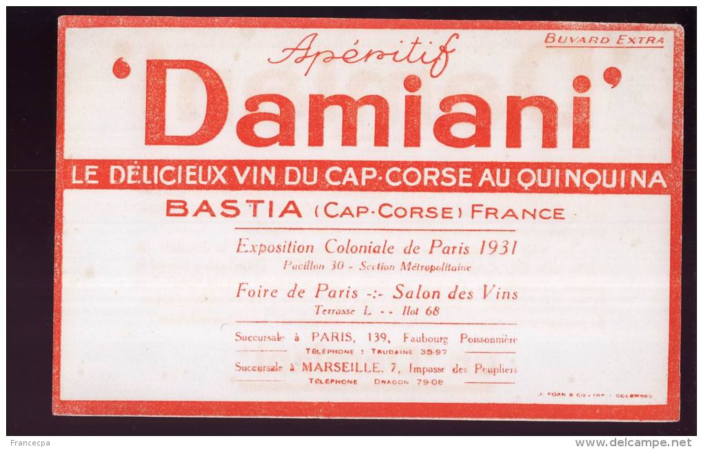 B856 - BUVARD  - Apéritif  DAMIANI - Le Délicieux Vin Du Cap-Corse Au Quinquina  BASTIA - Liquor & Beer