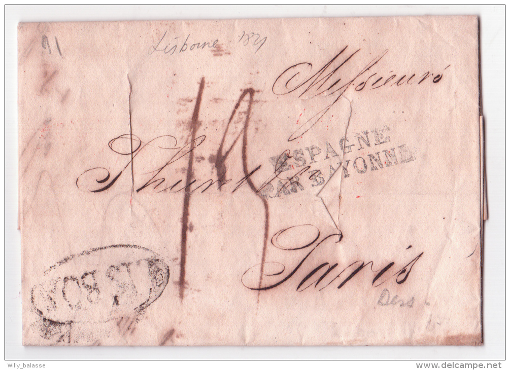 Lettre Oval LISBOA  1821 + Entailles De Désinfection + ESPAGNE/PARBAYONNE Pour Paris - ...-1853 Prefilatelia