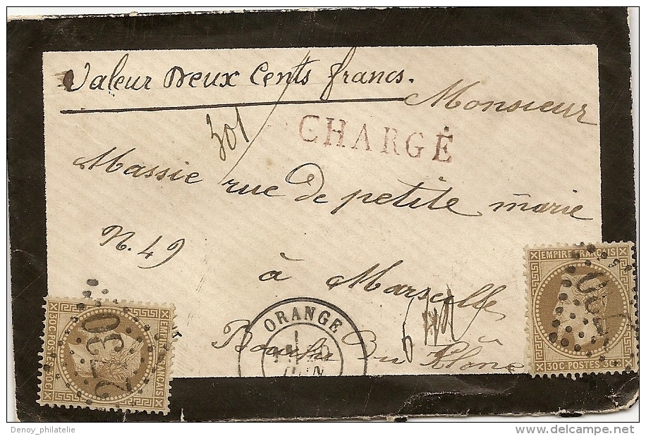 Lettre Chargé  D´Avignon Gros Chiffre 2730 Sur N° 30 X 2 Pour Marseille Du 20 Juin 1871,trés Belle Piéce - 1849-1876: Période Classique