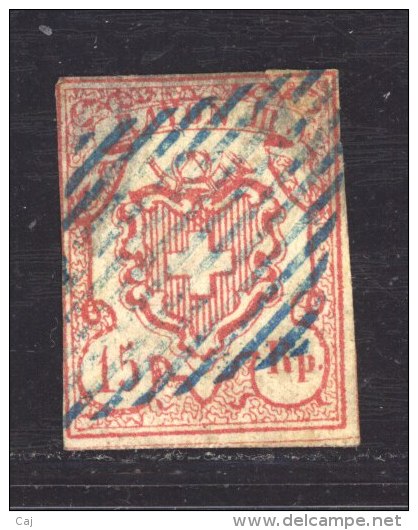 Suisse  :  Yv  23  (o)     Obl. Bleue            ,      N3 - 1843-1852 Kantonalmarken Und Bundesmarken