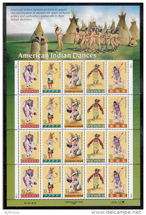 USA MNH Scott #3076a Sheet Of 4 Strips Of 5 Different 32c American Indian Dances - Feuilles Complètes