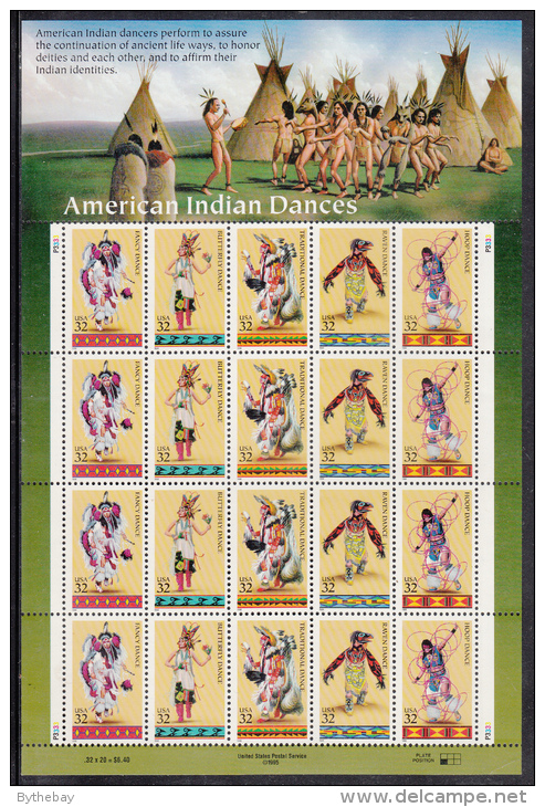 USA MNH Scott #3076a Sheet Of 4 Strips Of 5 Different 32c American Indian Dances - Danse