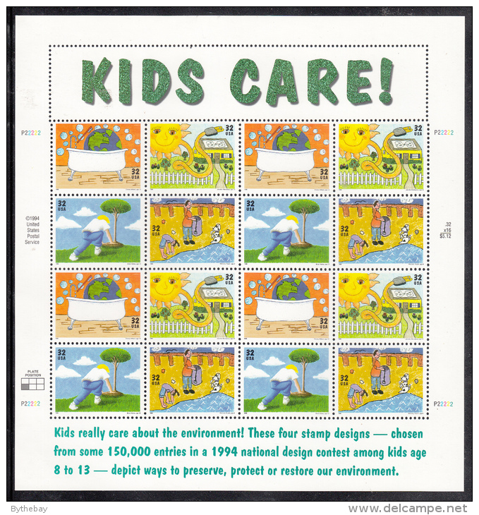 USA MNH Scott #2954a Sheet Of 4 Blocks Of 4 Different 32c Childrens' Drawings - Kids Care! - Earth Day - Feuilles Complètes