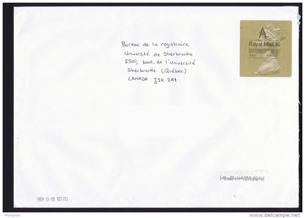 2013  Lettre  Pour Le Canada,  Etiquette Port Payé &pound;3,30 - Briefe U. Dokumente