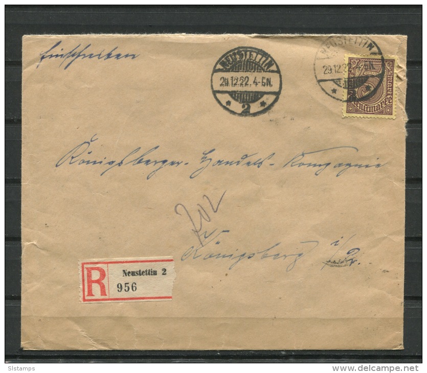 Germany 1922 Register Cover To Koninsberg - Covers & Documents
