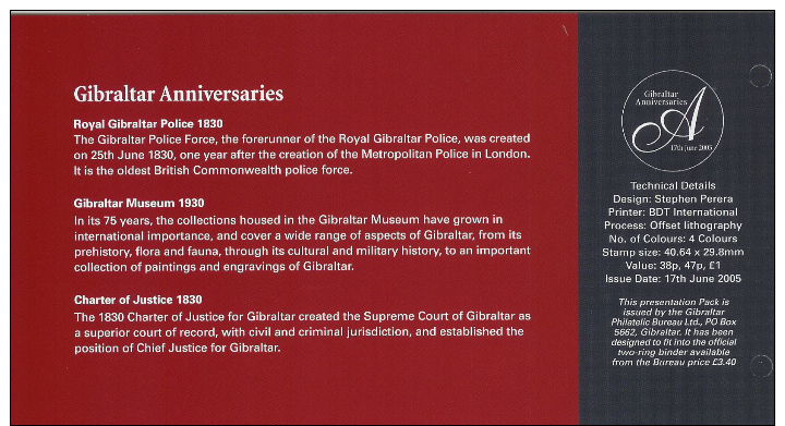 Gibraltar 2005 Set/3 Anniversaries - Police, Museum -prehistoric  #1018-20 Pres. Pack - Gibraltar