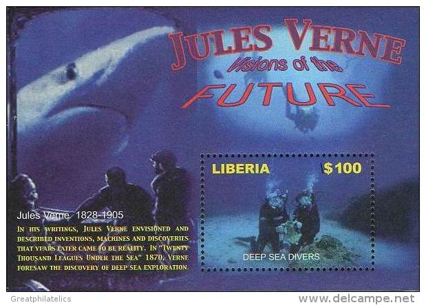 LIBERIA 2005 JULES VERNE S/S SUBMARINES, SHIPS, MARINE LIFE, SHARK, FISHES, SCUBA (DEB08) - Sottomarini