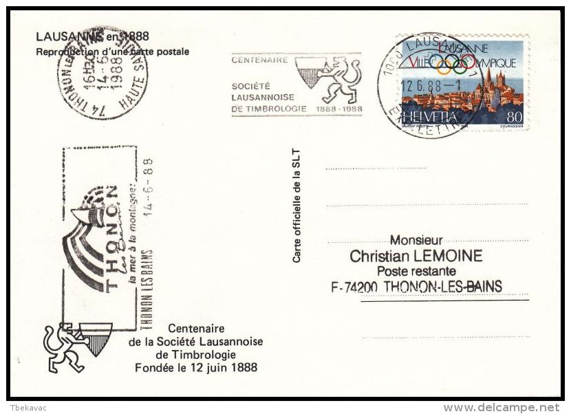 Switzerland 1988, Card Lausanne To Thonon Les Bains - Briefe U. Dokumente