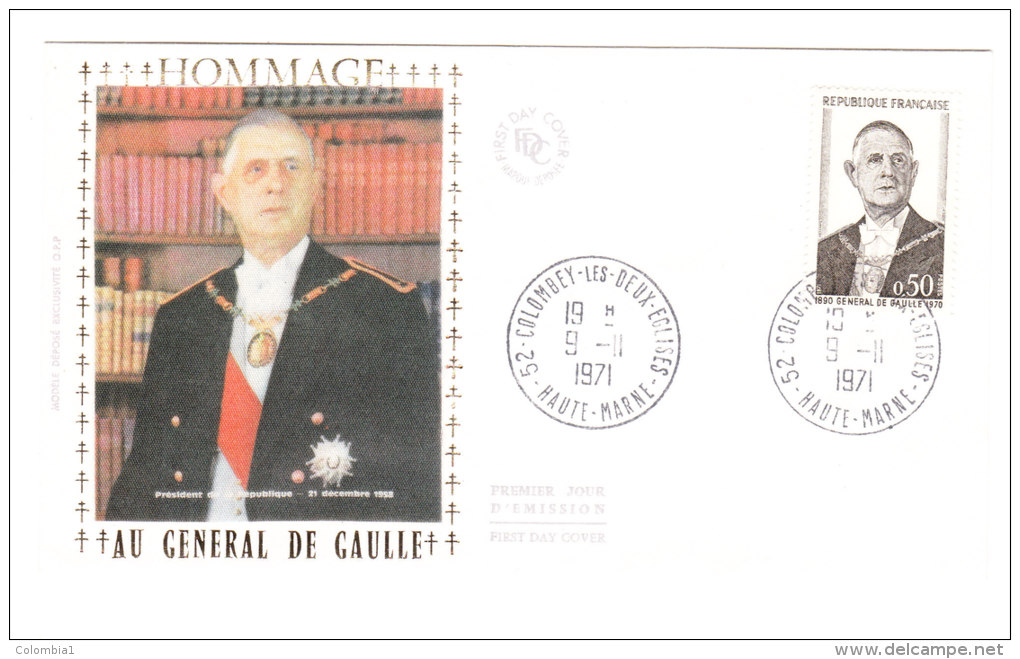 FRANCE Lettre 1er Jour 9-11-1971 (5) COLOMBEY Les Deux Eglises Hommage De Gaulle (Photo Soie) - Cartas & Documentos