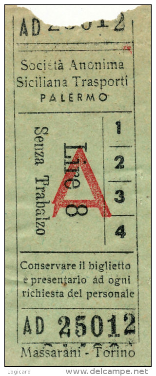 PALERMO AUTOLINEE SOC. AN. SICILIANA TRASPORTI ANDATA LIRE 8 ANNI ´50 - Europe