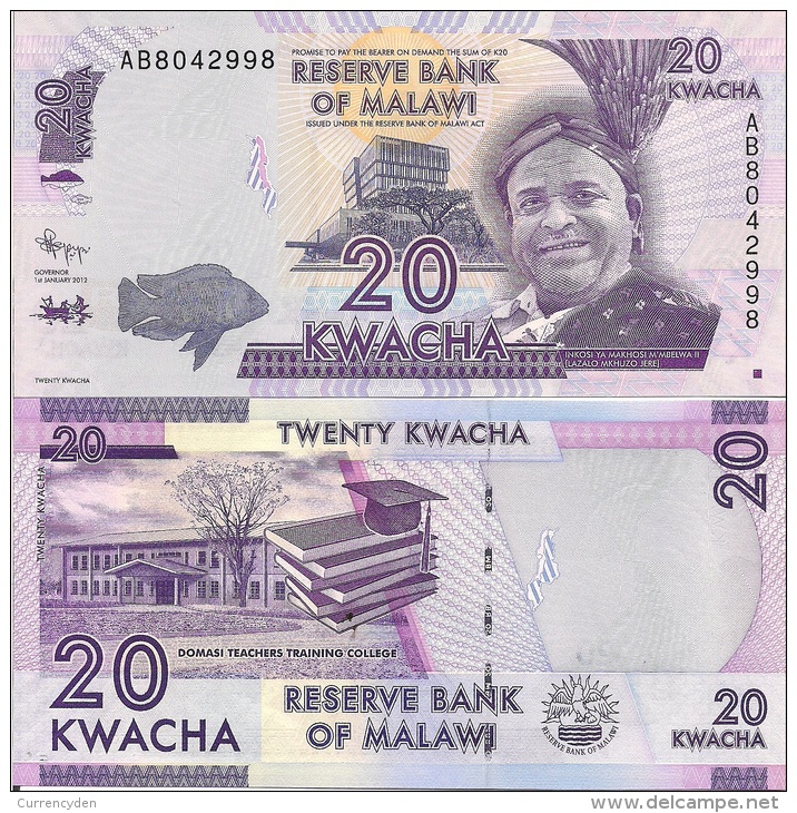 Malawi P57, 20 Kwacha, 2012, Fish / College, Books, Mortarboard - ERROR On Note - Malawi