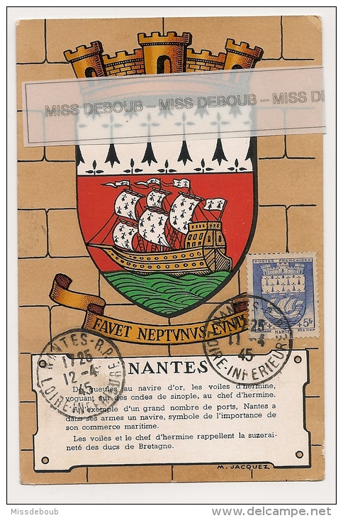 NANTES - Héraldique Des Villes De France Par Maurice Jacquez - Dos Vierge - Timbrée & Oblitérée En 1945 - Rennes