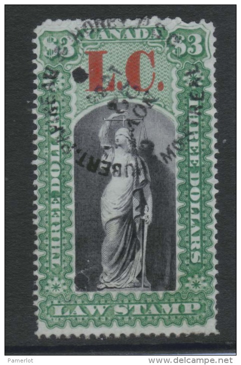 1864 Lower Canada QL12 Quebec Law Stamp ($3 Green & Black. Tin Paper  ) Timbre Taxes - Fiscaux