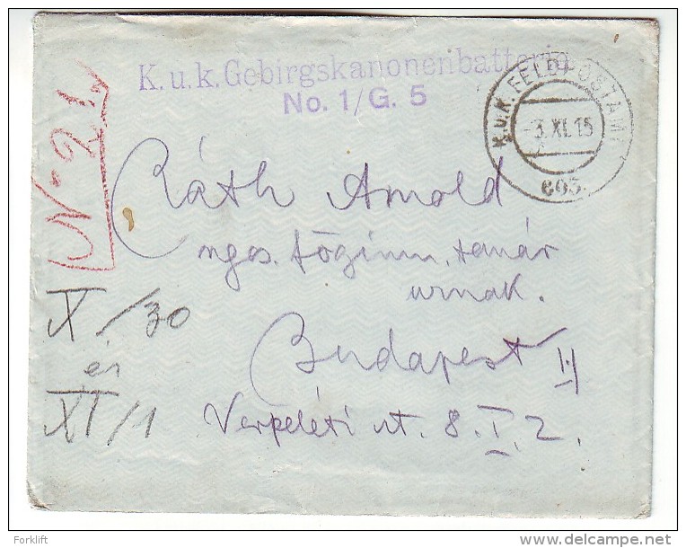 Feldpost WW1,Field Post 1915 K.u.K. Gebirgskanonenbatterie No. 1/G. 5, Illustrated Cover- Gruss Vom Isonzo! - 1. Weltkrieg