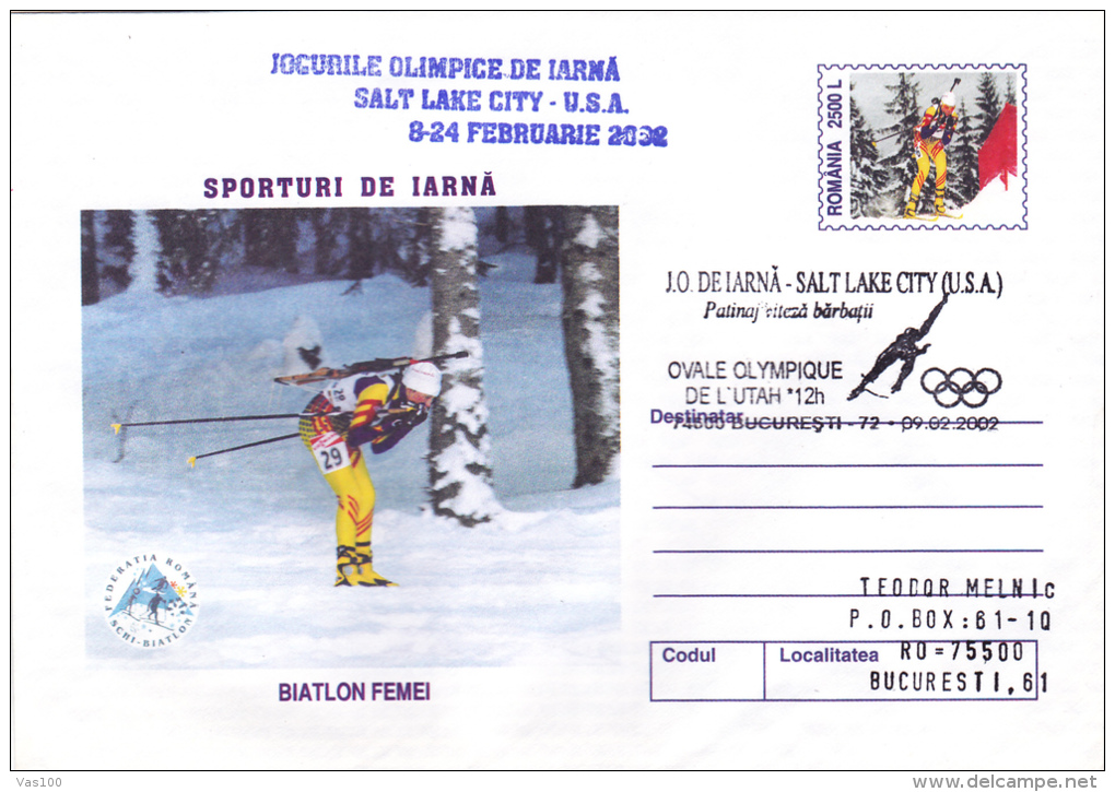 WINTER SPORTS, SHOOTING - WOMEN, SALT LAKE CITY , 2002, COVER STATIONERY, ROMANIA - Hiver 2002: Salt Lake City