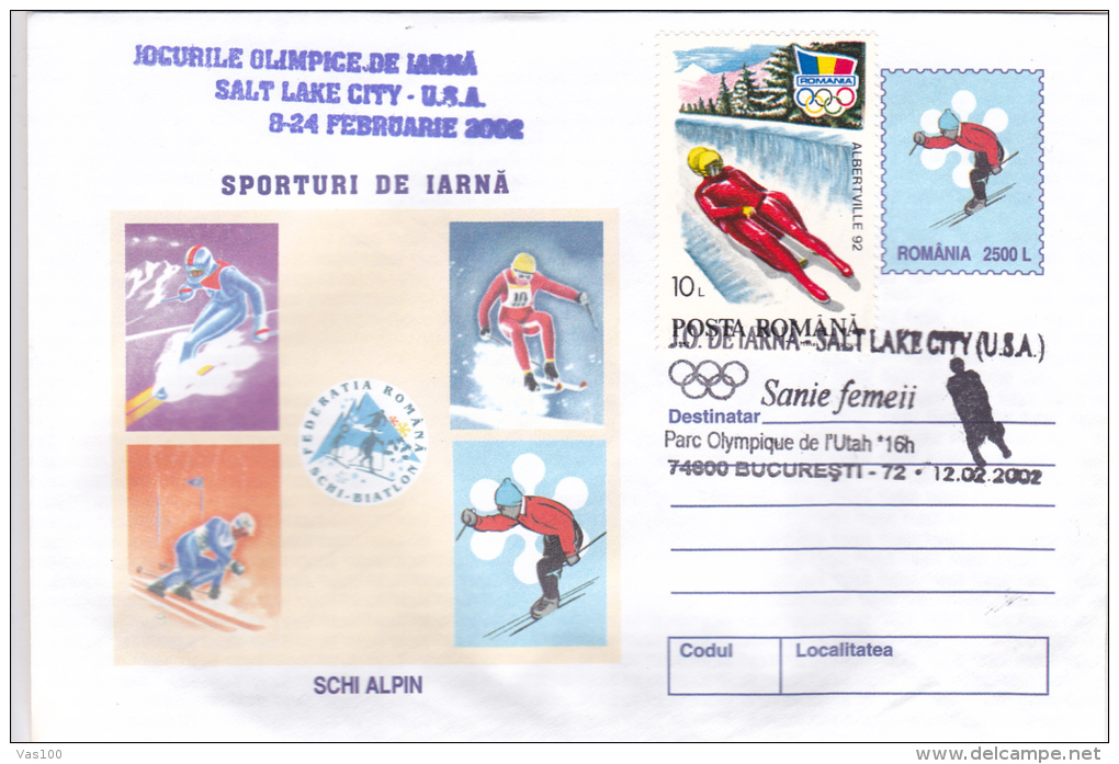 WINTER SPORTS, SLEDGE, ALPINE SKI, SALT LAKE CITY , 2002, COVER STATIONERY, ROMANIA - Hiver 2002: Salt Lake City