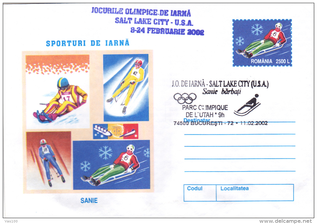 WINTER SPORTS, SLEDGE, ALPINE SKI, SALT LAKE CITY , 2002, COVER STATIONERY, ROMANIA - Hiver 2002: Salt Lake City