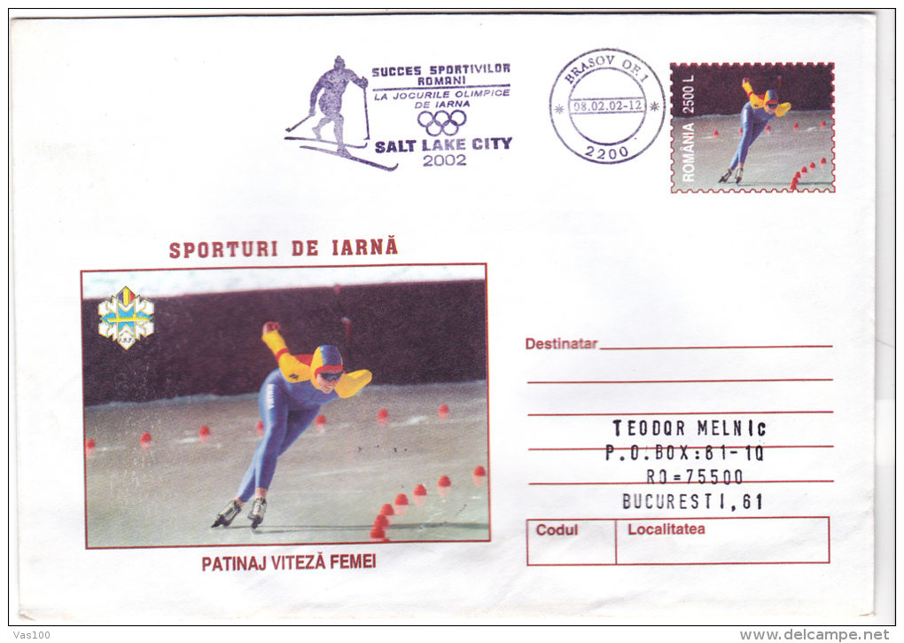 WINTER SPORTS, SKATING SPEED WOMEN, SALT LAKE CITY , 2002, COVER STATIONERY, ROMANIA - Hiver 2002: Salt Lake City