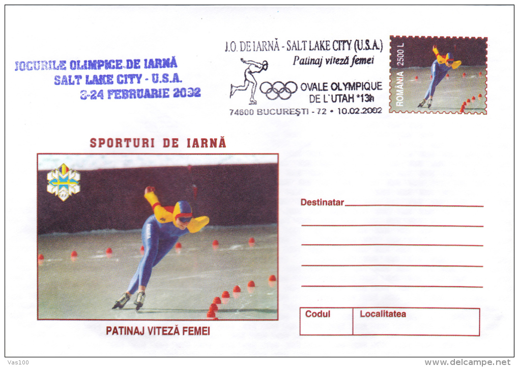 WINTER SPORTS, SKATING SPEED WOMEN, SPEED SKATING - WOMEN,SALT LAKE CITY , 2002, COVER STATIONERY, ROMANIA - Hiver 2002: Salt Lake City