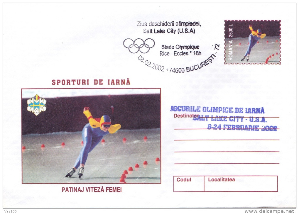 WINTER SPORTS, SKATING SPEED WOMEN, OPENING DAY OF THE OLYMPIAD,SALT LAKE CITY , 2002, COVER STATIONERY, ROMANIA - Hiver 2002: Salt Lake City