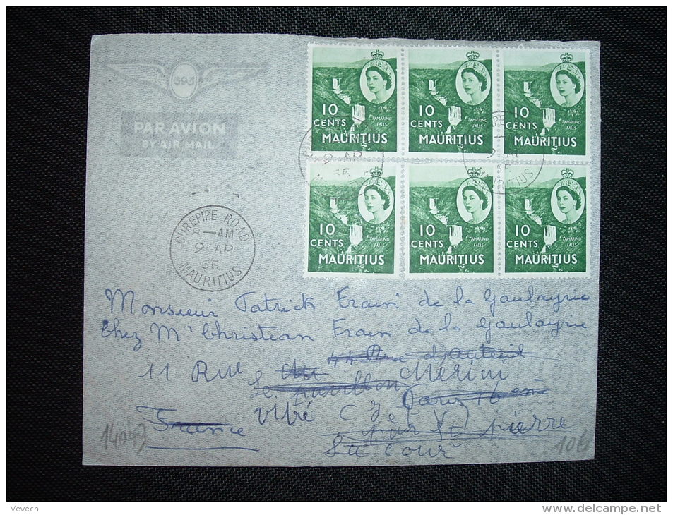 LETTRE PAR AVION POUR FRANCE TP 10C X6 OBL. 9 AP 55 CUREPIPE ROAD MAURITUS - Mauritius (...-1967)