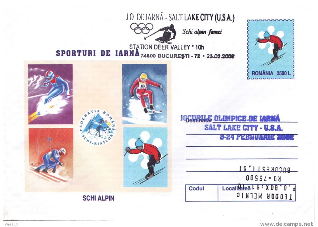 WINTER SPORTS, ALPINE SKI - WOMEN, SALT LAKE CITY , 2002, COVER STATIONERY, ROMANIA - Hiver 2002: Salt Lake City