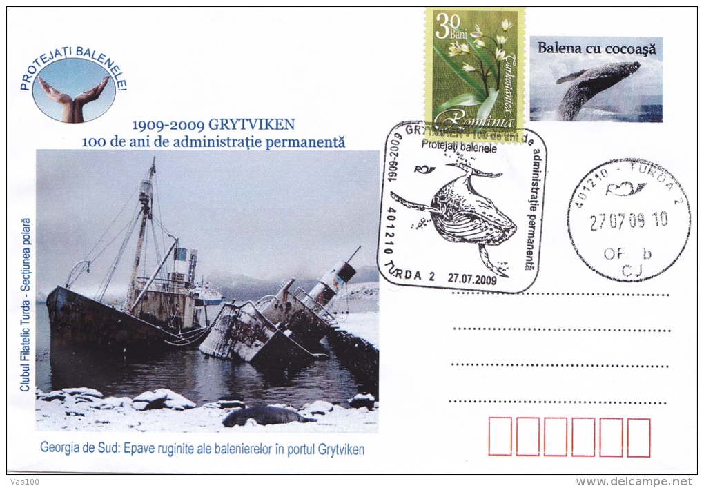 GRYTVIKEN ,SOUTH GEORGIA ISLAND,HUMPBACK WHALE, SPECIAL COVER , 2009,ROMANIA - Bases Antarctiques
