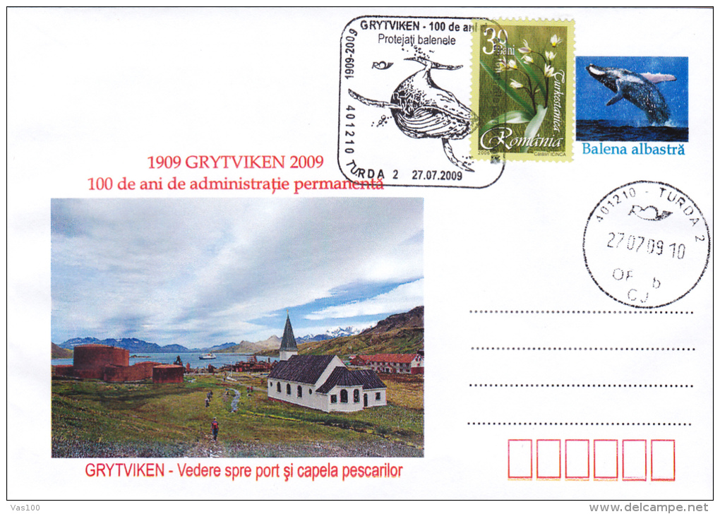 GRYTVIKEN ,SOUTH GEORGIA ISLAND,BLUE WHALE, SPECIAL COVER , 2009,ROMANIA - Bases Antarctiques