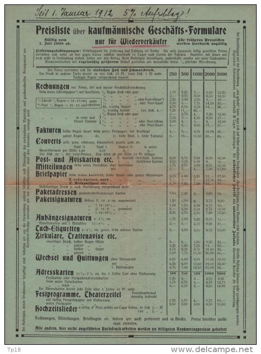 Preisliste  Schmidt Et Chelow A Gotha 1912 - Imprenta & Papelería