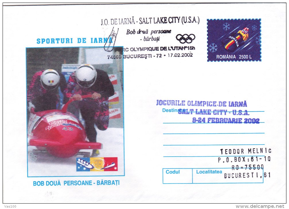 WINTER SPORTS, SLEDGE FOR TWO - MEN, SPECIAL COVER, 2002,ROMANIA - Invierno 2002: Salt Lake City