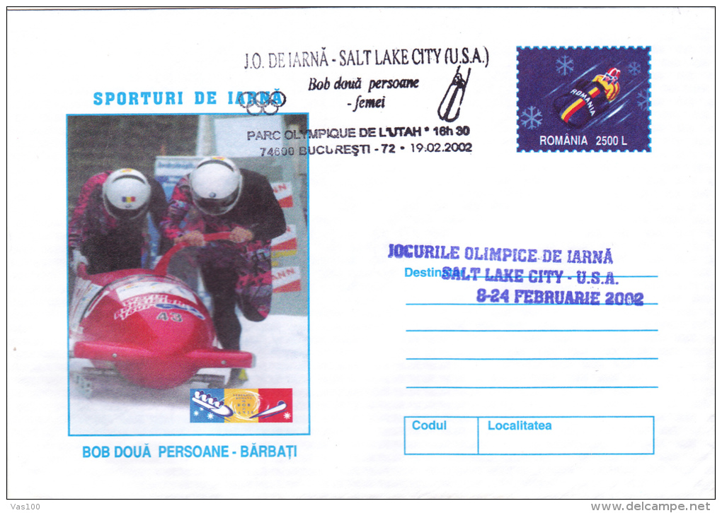 WINTER SPORTS, SLEDGE FOR TWO - WOMEN, SPECIAL COVER, 2002,ROMANIA - Invierno 2002: Salt Lake City