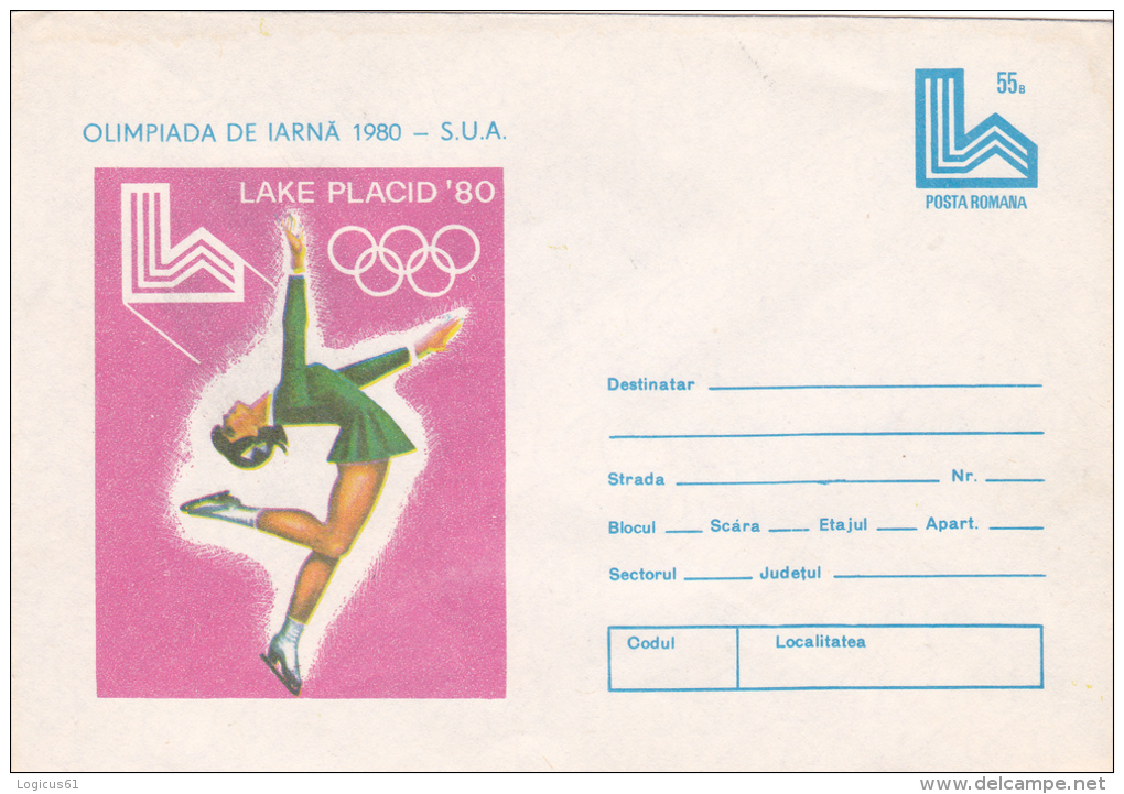 WINTER OLYMPIAD , LAKE PLACID `80,USA, SKATING,SKIING, GYMNASTICS,SHOOTING,4X COVERS  STATIONERY,1980,ROMANIA - Invierno 1980: Lake Placid