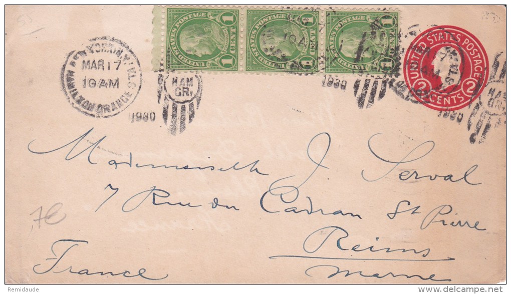 USA - 1930  - ENTIER POSTAL - ENVELOPPE  - DE NEW YORK A REIMS  ( FRANCE ) - 1921-40