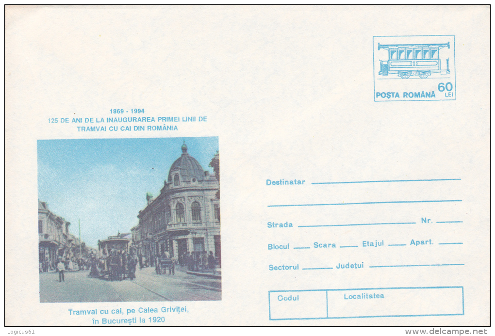 TRAMWAY PULLED BY HORSES,COVER STATIONERY,1994,ROMANIA - Tramways