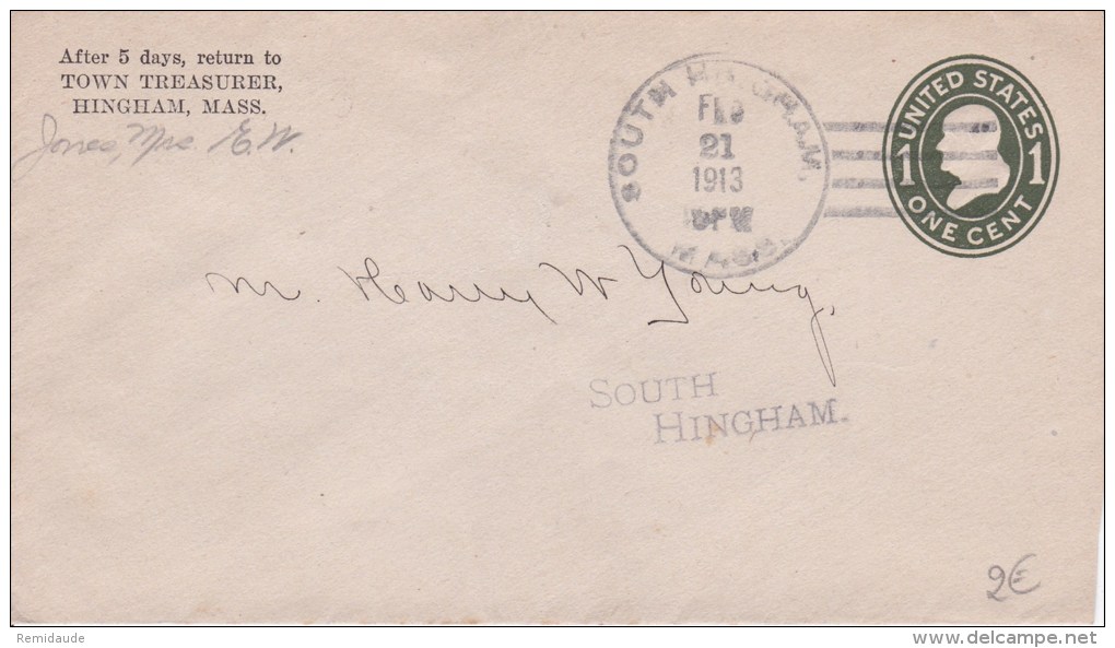 USA - 1913  - ENTIER POSTAL - ENVELOPPE  - DE  SOUTH HINGHAM ( MASSACHUSETTS ) A SOUTH HINGHAM - 1901-20