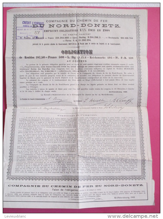 Chemins De Fer / Russie/Compagnie Du Nord Donetz/ Obligation De 500 Francs Au Porteur /1908  ACT 47 - Railway & Tramway