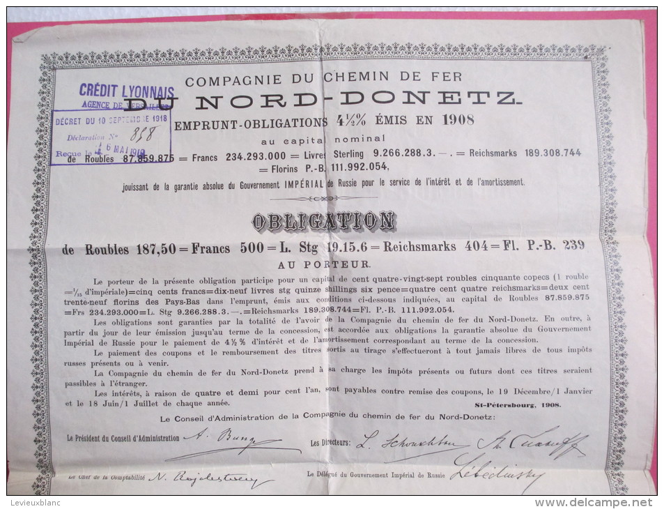 Chemins De Fer / Russie/Compagnie Du Nord Donetz/ Obligation De 500 Francs Au Porteur /1908  ACT 47 - Spoorwegen En Trams