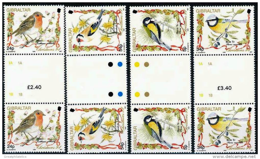 GIBRALTAR 1994 BIRDS / CHRISTMAS SC# 668-71 VF MNH GUTTER PAIRS (DEB10) - Songbirds & Tree Dwellers