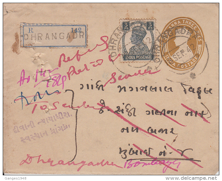 India   KG VI  1A3P  Postal Stationary  Envelope  Registered Used #  49439  Inde Indien - Briefe