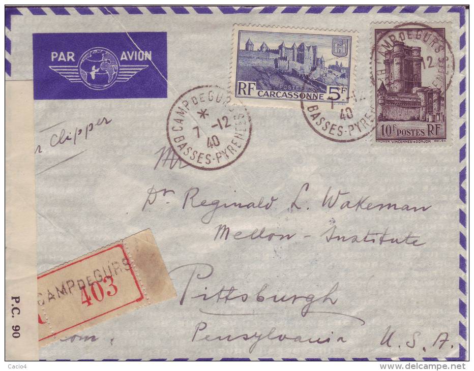 1940 7.12 WWII KZ CERTIFIED AIRMAIL Envelope From Jewish Prisoner In CAMP DE GURS France To USA, US Censor - Cartas & Documentos