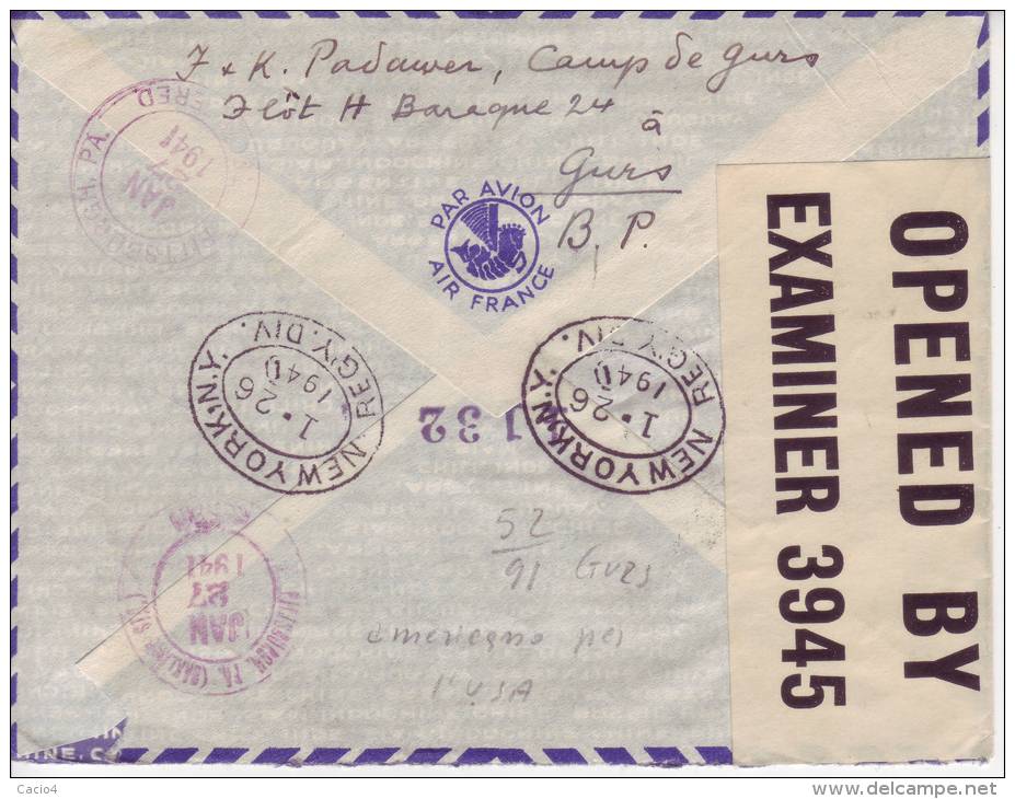 1940 7.12 WWII KZ CERTIFIED AIRMAIL Envelope From Jewish Prisoner In CAMP DE GURS France To USA, US Censor - Briefe U. Dokumente