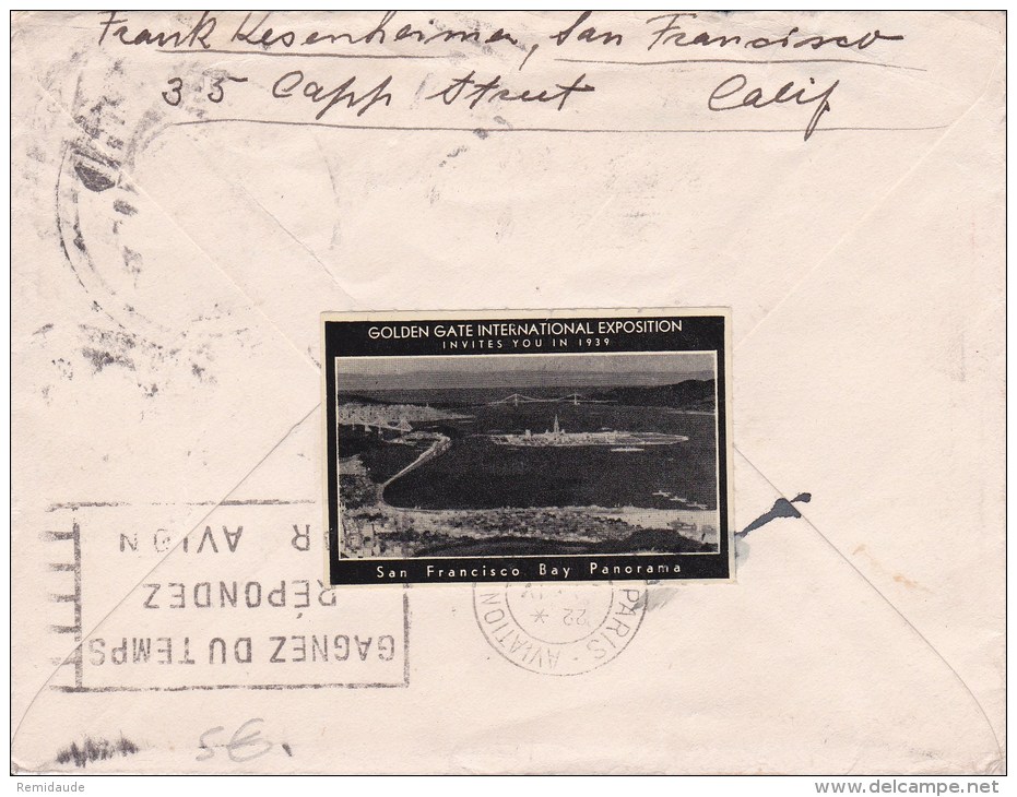 USA - 1938  - POSTE AERIENNE  -  ENVELOPPE AIR MAIL De SAN FRANCISCO ( CALIFORNIE ) AVEC VIGNETTE AU DOS - 1c. 1918-1940 Lettres