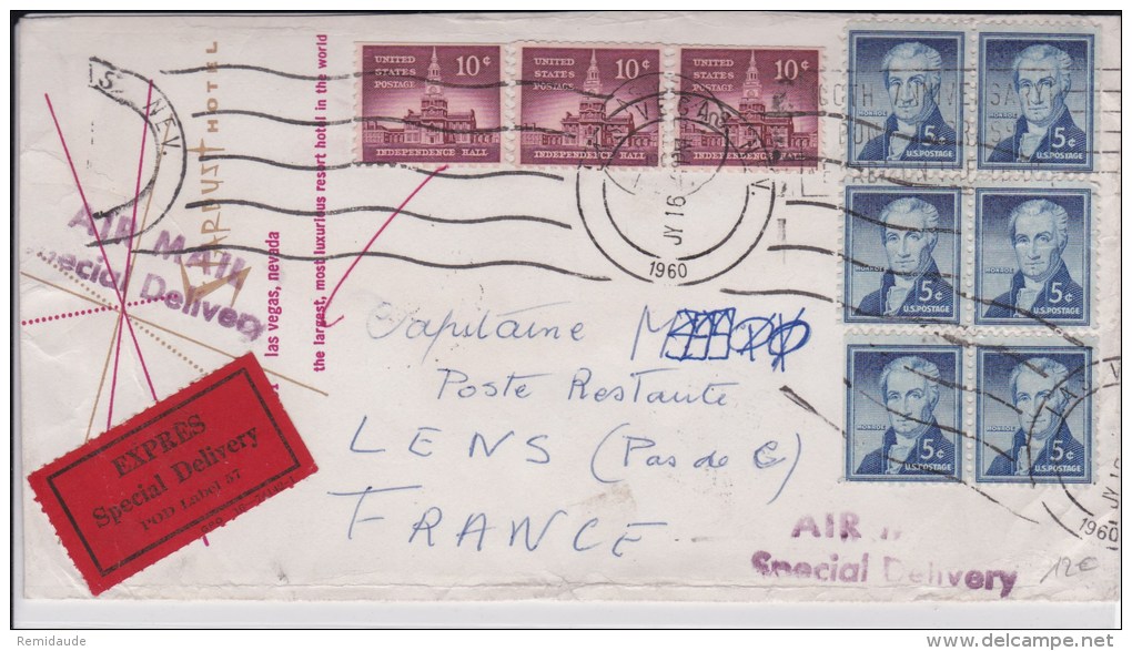 USA - 1960  - POSTE AERIENNE  -  ENVELOPPE  AIR MAIL  TAXEE  - De LAS VEGAS ( NEVADA ) - EXPRES SPECIAL DELIVERY - - 2c. 1941-1960 Covers